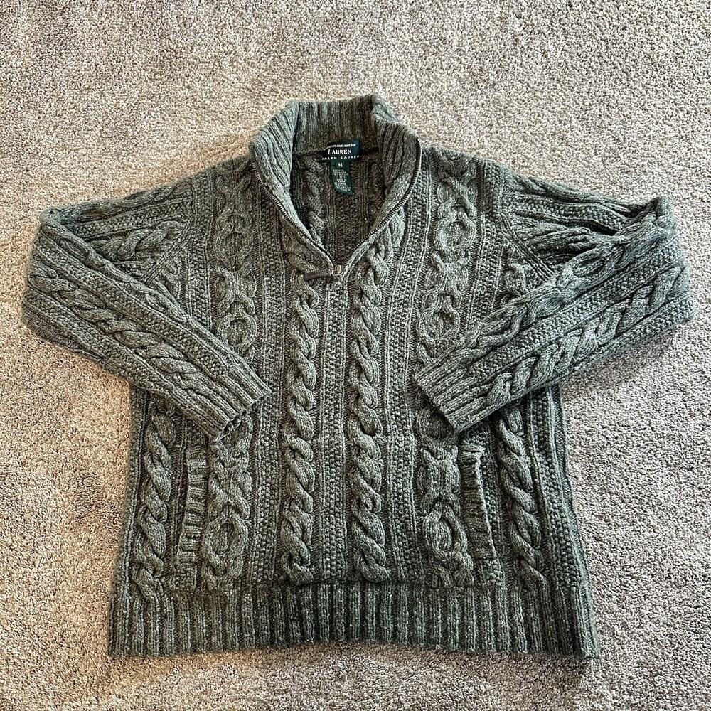 Lauren Ralph Lauren Sweater Women’s Sz M Green Wool Blend Hand Knit Cable